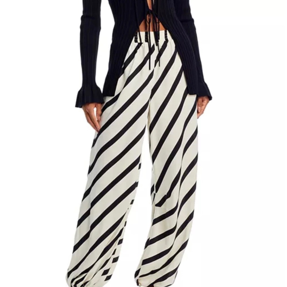 AQUA Women's XL Wide Leg Palazzo Pants Black White Striped Drawstring